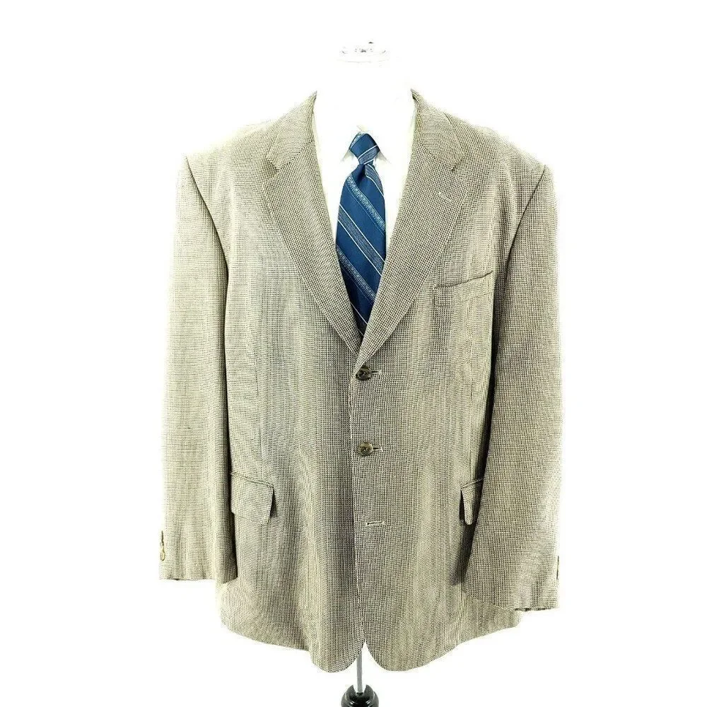 Adolfo Silk Wool 3 Button Sport Coat 44R Black Tan Nailshead‎ Check
